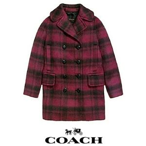 NWT COACH RED CRANBERRY PLAID LONG PEACOAT LARGE